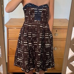 Milly Strapless Navy and Brown printed dress